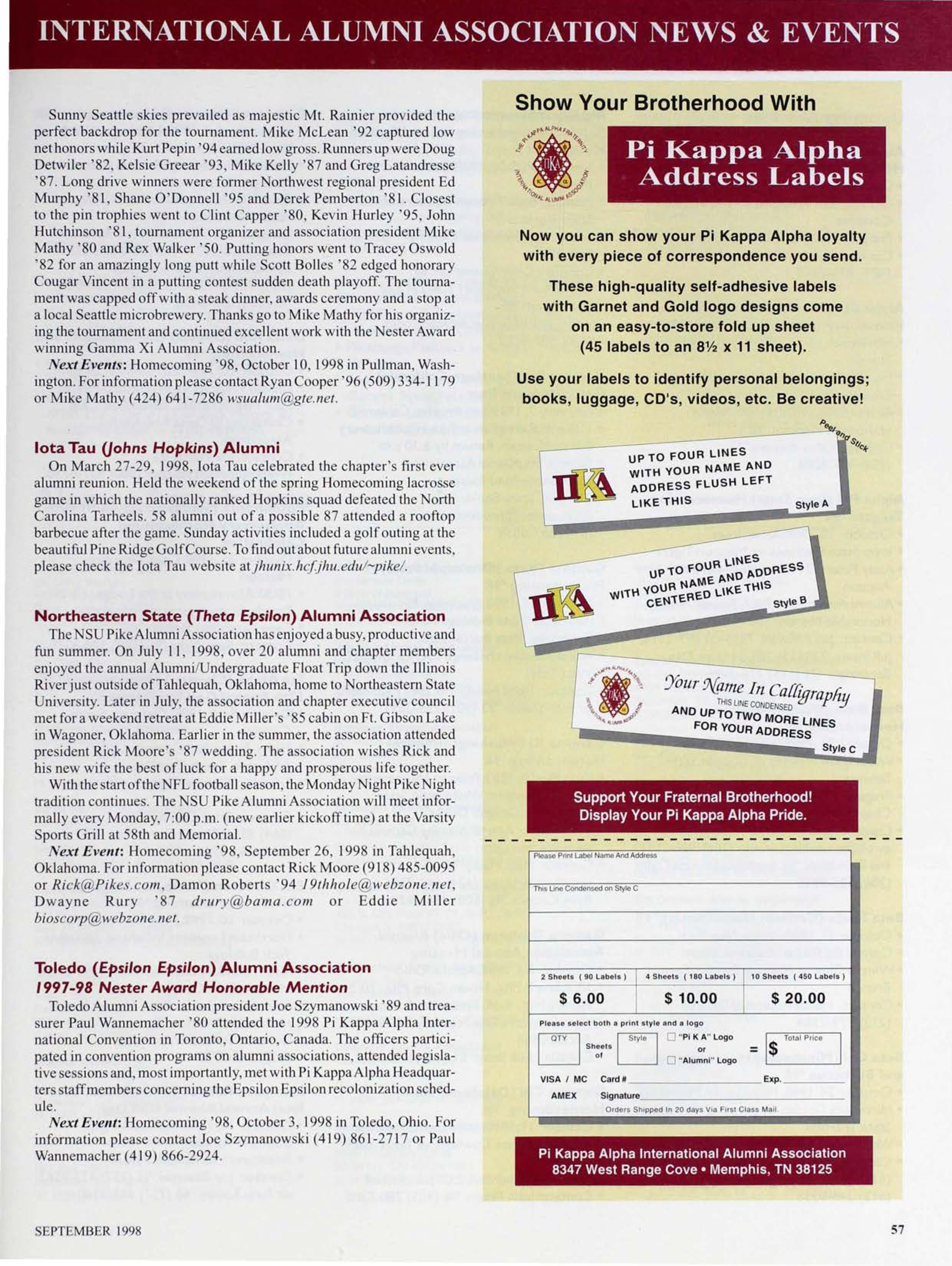 Pi Kappa Alpha Address Labels Advertisement, September 1998